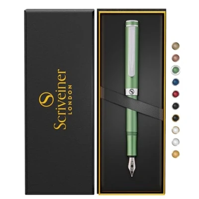 Immagine di Scriveiner stilografica di lusso fine, penna tascabile verde opaca, finitura cromata, pennino tedesco, convertitore, regalo per uomini e donne, bella design