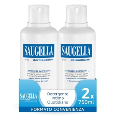 Immagine di Saugella Dermoliquido Detergente Intimo Quotidiano, pH 3.5, Antiodore, Rinfrescante e Tonificante, con Salvia Acido Lattico, 2 Detergenti da 750 ml