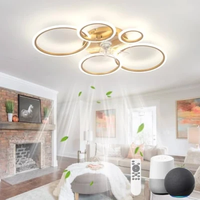 Immagine di KeLuKes Ventilatore da Soffitto con Luce Compatibile Alexa e Google Assistant, 100cm Lampadario Soggiorno, Reversibile Dimmerabile Timer Silenzioso Anello Ventilatore, Oro
