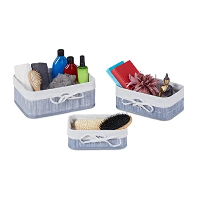 Immagine di Relaxdays Set da 3 Cestini Portaoggetti, Contenitori in bambù per Armadio e Scaffali, Bagno, Grandezze, Grigio Crema, 70% 20% Poliestere 10% Fibra