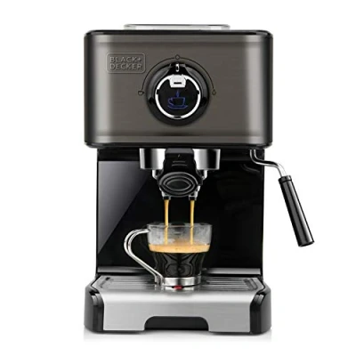Immagine di BLACK+DECKER BXCO1200E Macchina per espresso, 15 bar, 1200W, riscaldamento rapido thermoblock, cappuccinatore, caffè macinato o in cialda, acciaio inossidabile, nero