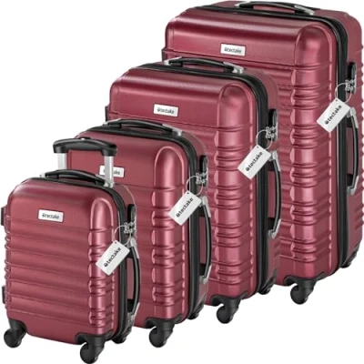 Immagine di TecTake® Set di 4 Valigie Rigide Mila, Trolley Inseribili con Rotelle Girevoli a 360, Maniglia Telescopica Regolabile, Spazio Interno Espandibile, Robusta, Bilancia, Etichette Rosso Vino