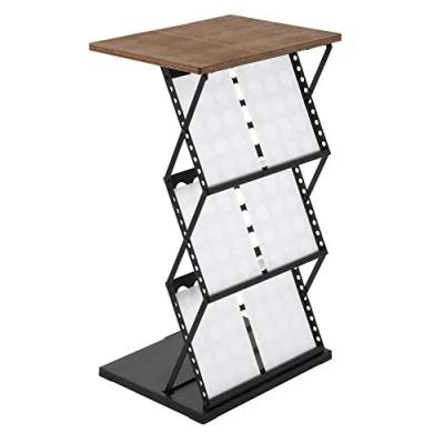 Immagine di DISPLAY SALES Porta depliant da Terra nero Banco mobile pieghevole in metallo con piano legno 3 ripiani per cataloghi, volantini o opuscoli Utilizzabile anche come leggio