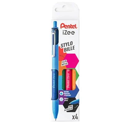Immagine di Pentel BX470/4FUNNY Set di 4 penne a sfera IZee retrattile con clip in metallo, colore: Blu/Verde/Arancione/Rosa