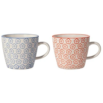 Immagine di Bloomingville Tazze con manici Isabella da caffè Mug tè al latte per ufficio e cucina ø 9,5 x H 8 cm, blu rosso, Ceramica Gres, set 2, Capacità 280 ml