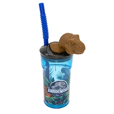 Immagine di Jurassic World Tazza da Bere per Bambini con Cannuccia Integrata, Coperchio e Figura 3D, Recipiente capacità di Circa 360 Ml, Ideale Bevande Fredde
