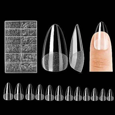 Immagine di 240 pezzi Unghie Finte Corte in Gel, Acrilico, Trasparenti Full Cover Tips, Mandorla, 12 Taglie per Salone di Manicure Professionale