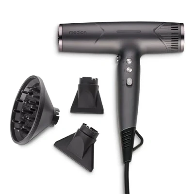 Immagine di Asciugacapelli MEDION HD2 (tecnologia ionica, 1.500 watt, diffusore e bocchette per lo styling versatili, motore BLDC di lunga durata, funzione autopulente, cavo alimentazione lungo) grigio