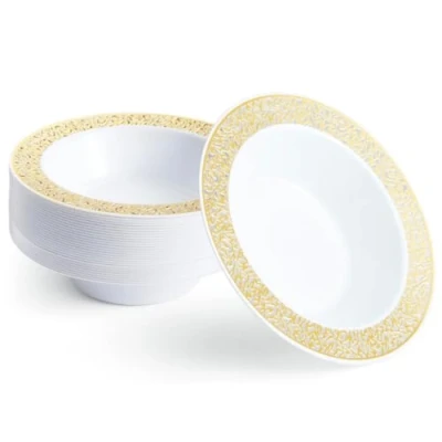 Immagine di Matana 20 Ciotole in Plastica Bianca Premium con Bordo Dorato, 360ml Riutilizzabili Piatti Fondi per Matrimoni, Compleanni, Natale, Barbecue, Feste Resistenti e Reutilizables