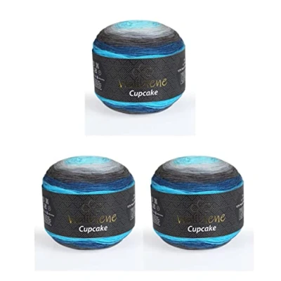 Immagine di Cupcake, 3 gomitoli di lana da 150 g, 450 per lavorare a maglia e all&#039;uncinetto, turca, colore sfumato (grigio scuro, grigio, blu, 3020)