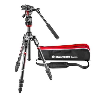 Immagine di Manfrotto Befree Live, Kit Treppiede da Viaggio in Carbonio, Chiusura Twist con Testa Fluida MVH400AH, per DSLR, Mirrorless, Foto e Videocamere Compatte, Portata fino a 4 kg, Nero, MVKBFRTC LIVE