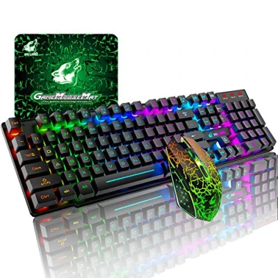 Immagine di T3 Wireless Set tastiera e Mouse, da gioco con retroilluminazione arcobaleno 2.4G ricaricabile a sensazione meccanica+mouse 2400 DPI+tappetini per mouse gioco(nero)