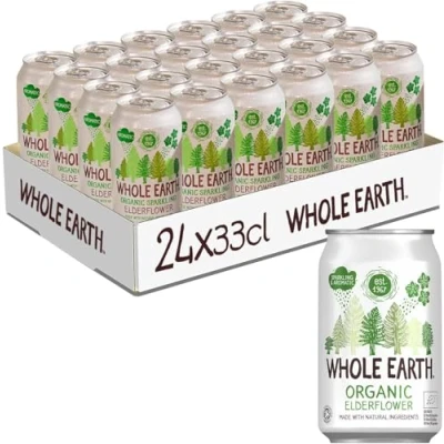 Immagine di Whole Earth Bibita Frizzante Gassata, Gusto Fiori di Sambuco, Ingredienti Naturali e Biologici, Dolcificata con Succhi Frutta, Senza Zuccheri Aggiunti, 100% Riciclabile, 24x33cl