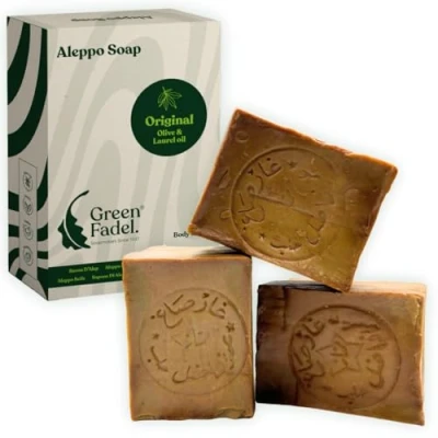 Immagine di GREEN FADEL Sapone di Aleppo Originale 3 x 200g, all&#039;Olio d&#039;Oliva e Olio Alloro, d&#039;Oliva, Naturale, Soap, Incl Sacchetto per Sapone, Fatto a Mano