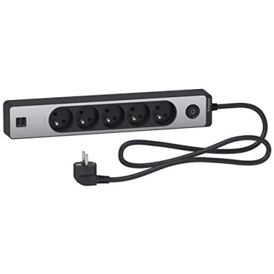 Immagine di Schneider Electric SC5ST935U1BA Prolunga multipresa a 5 prese 2P+T, finitura in alluminio spazzolato 2 USB, 1,5 m, colore: Antracite