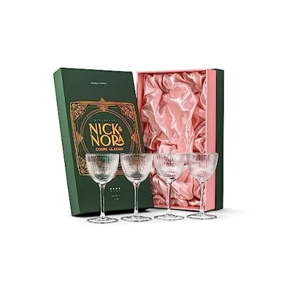 Immagine di Bicchieri vintage Art Deco Nick e Nora Coupé Set di 4 da cocktail in cristallo a coste 141,7 g per bere bevande classiche gin, whisky, vodka bar retrò stelo