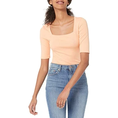 Immagine di Amazon Essentials T Shirt Aderente con Scollo Quadrato e Mezze Maniche Donna, Arancio Corallo, M