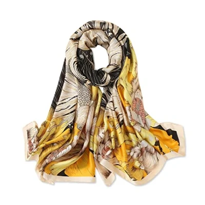 Immagine di LumiSyne Sciarpa Di Seta Donna Fiore Loto Stampato Motivi Geometriche Stile Retrò Lusso Lungo Foulard Morbido Calda Stole Protezione Solare Scialle Quattro Stagioni