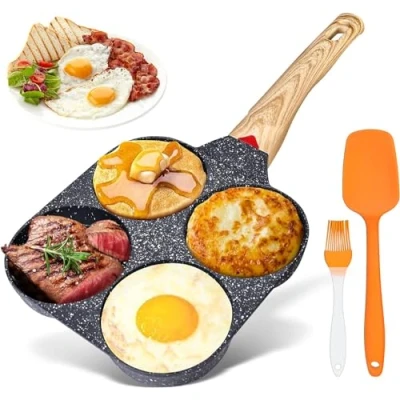 Immagine di SPORWAY Padella Pancake e Frittata Antiaderente: 4 Fori in Alluminio per Crepes Hamburger Uova Fritte, Fornello a Gas Induzione