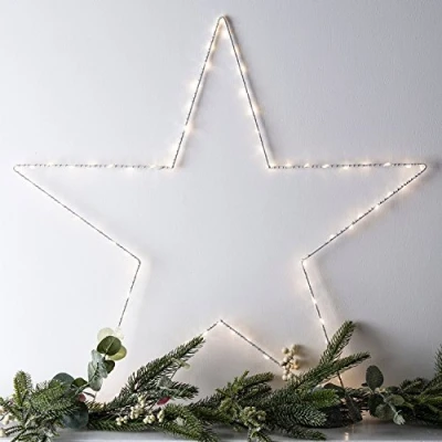 Immagine di Lights4fun Grande Stella in Metallo Decorativa con 80 MicroLED Bianchi Caldi a Pile per Interni