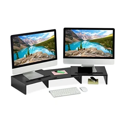 Immagine di Relaxdays Supporto per Monitor, Rialzo 2 Schermi, Espandibile e Regolabile, Stand PC da Scrivania, Organizer, Nero, 90% Fibra di Legno 10% plastica