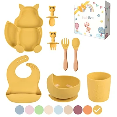 Immagine di TudoBem Set Pappa Svezzamento [8 pezzi], Piatto con Ventosa per Bambini, Bavaglini Neonato, Posate 6 mesi e Cucchiaio Silicone Ciotola Antiscivolo, Kit Bimbo Bambina Senza BPA (Giallo)