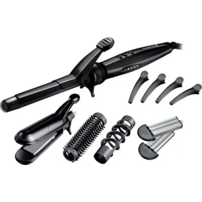 Immagine di Remington Kit Multistyler Piastre per styling reversibile, Ferro arricciacapelli da 19 mm, Spazzola Rotonda e Accessorio Arricciare a Spirale, Fermagli Capelli, S8670