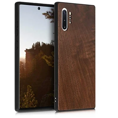 Immagine di kwmobile Custodia Compatibile con Samsung Galaxy Note 10 Plus Cover Protezione in Legno per Smartphone Back Case Bumper Silicone TPU Marrone Scuro