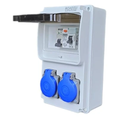 Immagine di RoadEu Quadro Elettrico Distributore di corrente 230V 2 prese Schuko con magnetotermico differenziale 25A e interruttore C16A Cablato, interni/esterni IP44