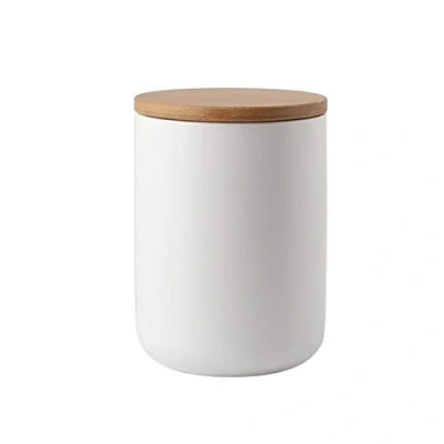 Immagine di Barattolo in ceramica, contenitore salvafreschezza con coperchio bambù e anello silicone, bianco, 800 ml
