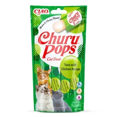 Immagine di INABA Churu Pops Snack per Gatti in Stick di Gelatina al Tonno e Pollo 1 Pack (4 x 15gr) Cibo Sano Gustoso, Texture Morbida, Gatto Senza Conservanti o Coloranti Artificiali