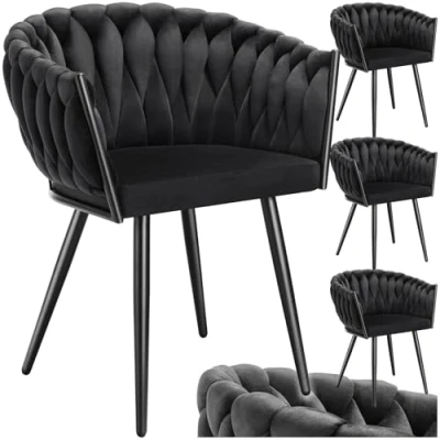 Immagine di TecTake® Set di 4 Sedie da Pranzo con Braccioli, Soggiorno in Velluto Extra Fine, Design Elegante a Nodo, Poltrone Morbida Imbottitura, per Sala Versatili Nero