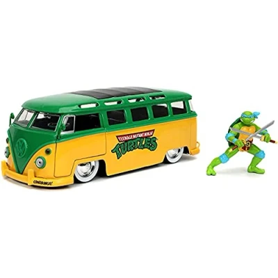 Immagine di Jada Toys 31786 Modello Bus 1962 DieCast Scala 1/24 Tartarughe Ninja TMNT Verde 20cm con Figura di Leonardo 6cm