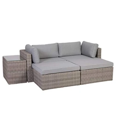 Immagine di Greemotion Lounge Giardino Palma, Set mobili polyrattan 2 poltrone angolari sgabelli e Tavolo con Piano in Vetro temperato Cuscini, Grigio