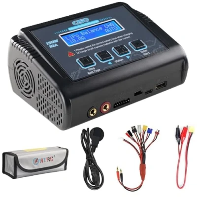 Immagine di HTRC Caricabatteria LiPo RC Scaricatore bilanciamento 150W 10A 1 6S AC/DC C150 per NiCd Li Ion Life NiMH LiHV PB Smart Battery (Nero) Include connettore Splitter Cable, Safe Bag, Low Voltage Buzzer