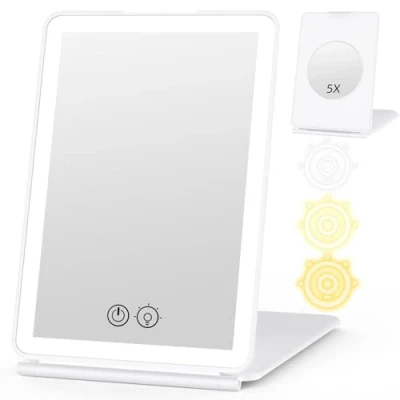Immagine di WEILY Specchio Trucco con Luci, 5X Ingranditore, 3 Dimmerabile Coloria Touch Screen Led, USB Ricaricabile Luce, per Viaggi (Bianco)