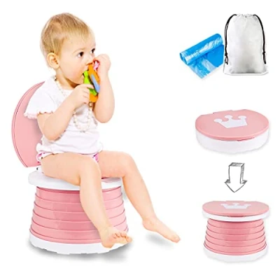 Immagine di Sedile Vasino Portatile, Sedia Da Toilette Pieghevole Per Addestramento Bambini Viaggio Interni All&#039;aperto Con Custodia (rosa)