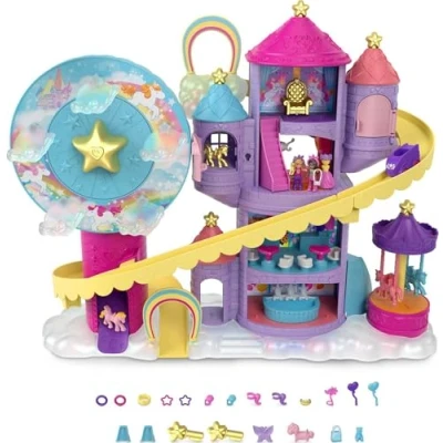 Immagine di Polly Pocket Playset Lunapark dell&#039;Arcobaleno con Micro Bambole e Shani, 2 Unicorni Tanti Accessori a Sorpresa, Giocattolo per Bambini 4+Anni, HBT13, Imballaggio Sostenibile