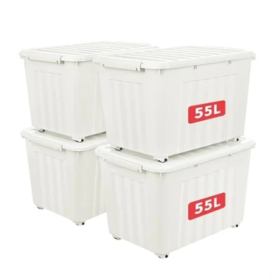 Immagine di Cetomo 55L*4 Scatola portaoggetti in plastica bianca con coperchio durevole e fibbie di chiusura sicura, impilabile annidabile, confezione da 4, fibbia
