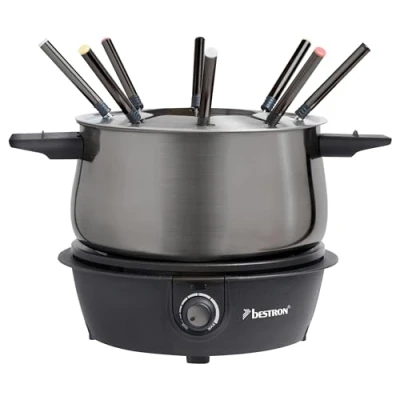 Immagine di Bestron Set per fonduta elettrica fino a 8 persone, con forchette e termostato continuo, paraspruzzi, colore: grigio titanio