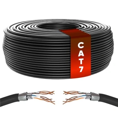 Immagine di Mr. Tronic Cavo Ethernet Cat 7 da 50m, 100% rame alta velocità Ethernet, di rete LAN sfuso rotondo per interni senza connettori Rj45 28AWG, schermato SFTP Internet (50 Metri, Nero)