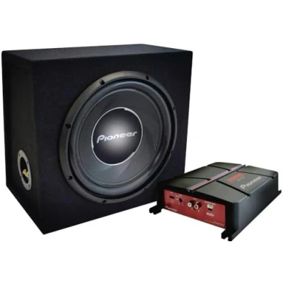 Immagine di Pioneer GXT 3730B pacchetto composto da subwoofer con alloggiamento 30 cm e amplificatore a 2 canali collegabile ponte, potenza massima 1400 W, cm, membrana IMPP