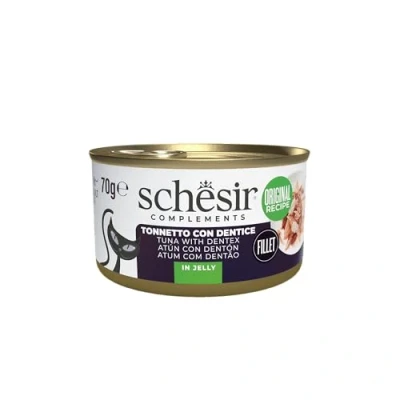 Immagine di Schesir, Filetti di Tonno con Dentice in Gelatina, Cibo Umido Complementare per Gatti, Ricetta Originale, 100% Naturale, 12 lattine da 70g
