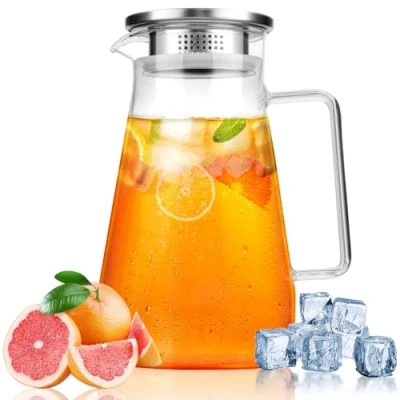 Immagine di Vilomdur 1,5 Litre Caraffa in Vetro, Brocca Acqua Vetro con Coperchio, Trasparente e Resistente Calore Borosilicato, per Calda Fredda, Latte, Vino, Succhi di Frutta