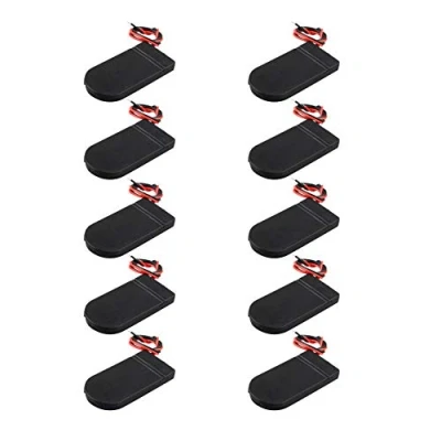 Immagine di HALJIA, 10 contenitori per batterie a bottone CR2032, con interruttore on/off, 6 V (2 x 3 V), clip bottone, LED, connettore nero