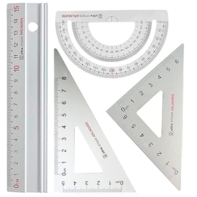Immagine di metallo Architetti Scala Righello Impostato Rodmaie 4 PCS Tecnico Impostato, Matematica Geometria Attrezzo, Goniometro, Triangolare,righello 15 cm (argento)