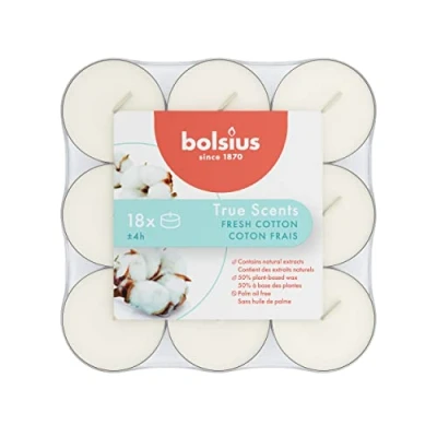 Immagine di Bolsius True Scents Tealights Profumati in Aluminium Cup Cotone Fresco Set di 18 Pezzi Colore Bianco Lunga Durata 4 Ore Candele Decorative Cera Senza Fumo