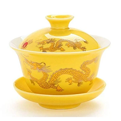 Immagine di YBK Tech Tazza da tè e piattino in porcellana Kung Fu con coperchio, set tradizionale cinese Gaiwan Sancai motivo dragone (rosso)