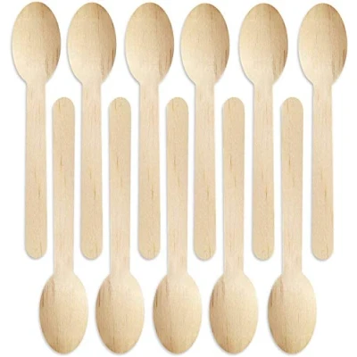 Immagine di Set di 100 cucchiaini monouso in legno da 14 cm, biodegradabili, ecologici, 100% betulla, resistenti, Natale, feste, barbecue, picnic, compleanni, matrimoni (100)