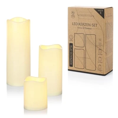 Immagine di Nordstern Set di 3 candele a LED, con luce tremolante e funzione timer, 6 ore, bianca calda, funzionamento batteria, per interni ed esterni